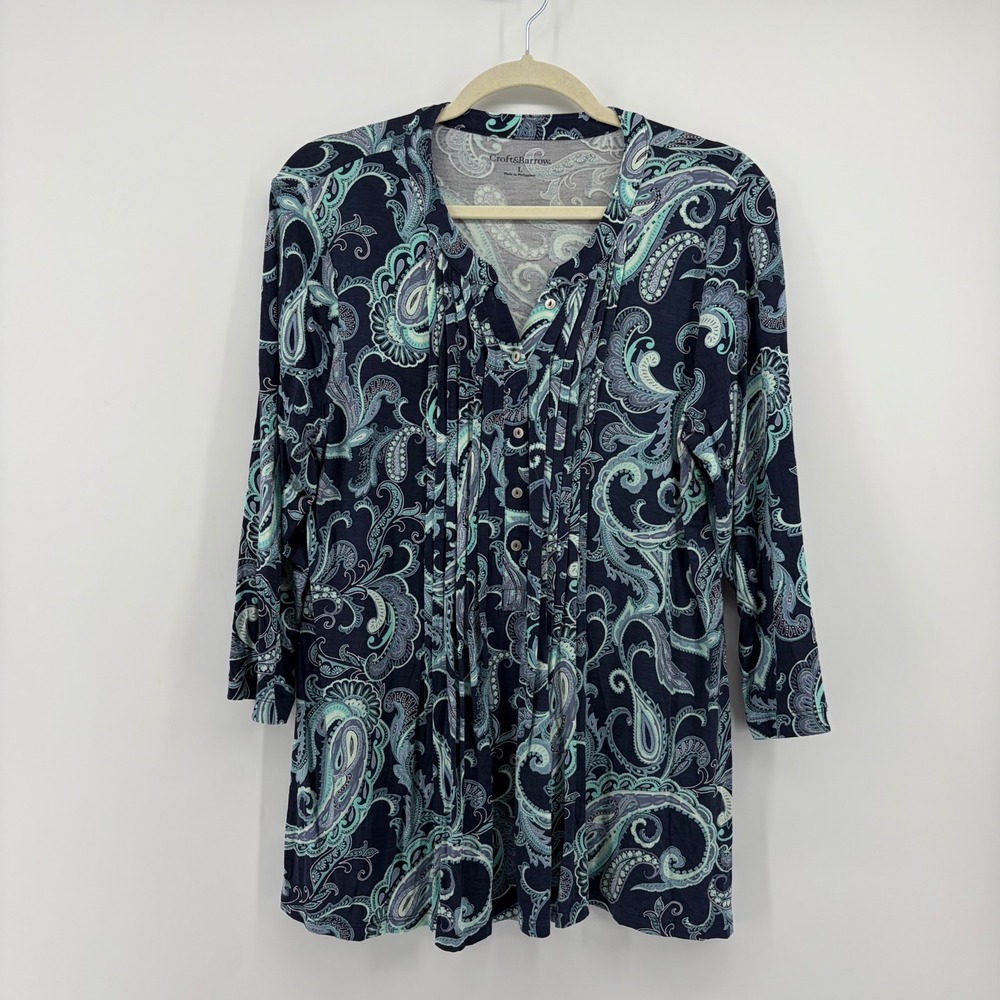 Croft & Barrow Womens Large Blue Paisley Henley 3/4 Sleeve Pleated Knit Top